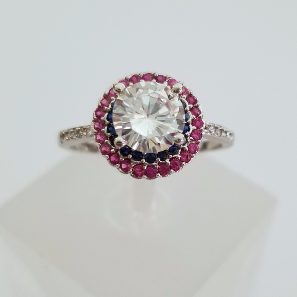 18k Red, White & Blue Halo Ring - Picture 3 of 8